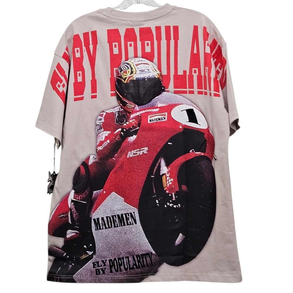 Fly By Popularity Racing Club T-Shirt Mens Medium Beige Red Graphic Streetwear
